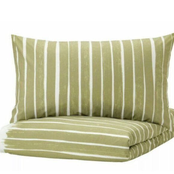NEW - IKEA KRANSRAMS Duvet Cover And Pillowcase(s) White/green Twin 604.695.65 - Picture 3 of 4